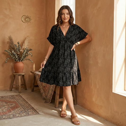 Black Damask Babydoll Mini Dress, Baroque V Neck Swing Style