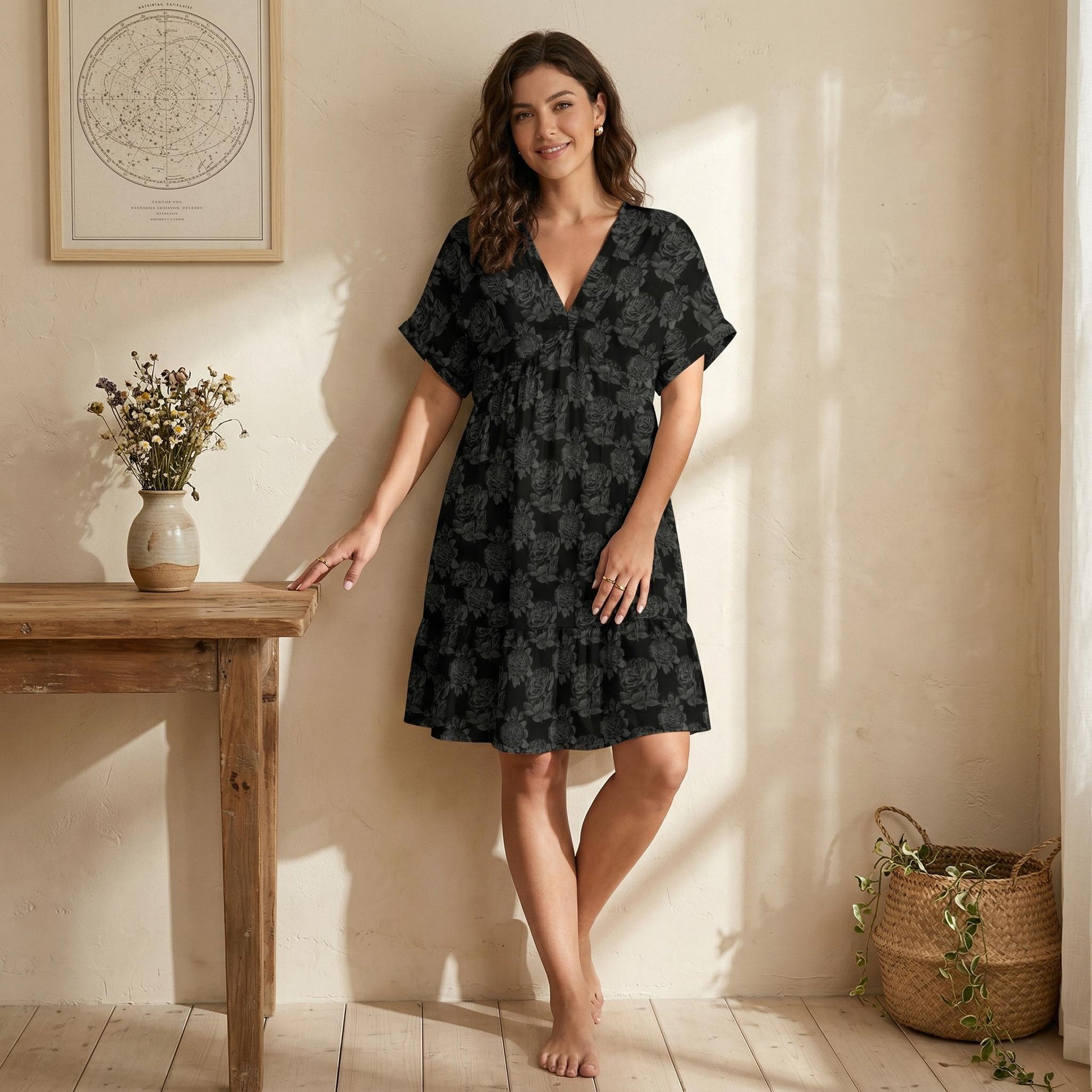 Black Rose Babydoll Dress, Dark Floral V Neck Mini Dress for Romantic Goth Style, Moody Weekend Outfit and Gift for Her