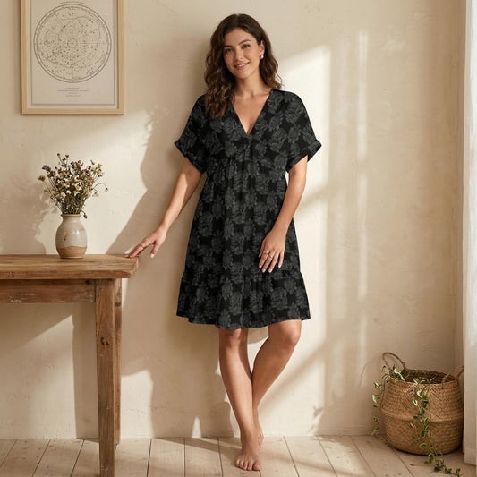 Black Rose Babydoll Dress, Dark Floral V Neck Mini Dress for Romantic Goth Style, Moody Weekend Outfit and Gift for Her