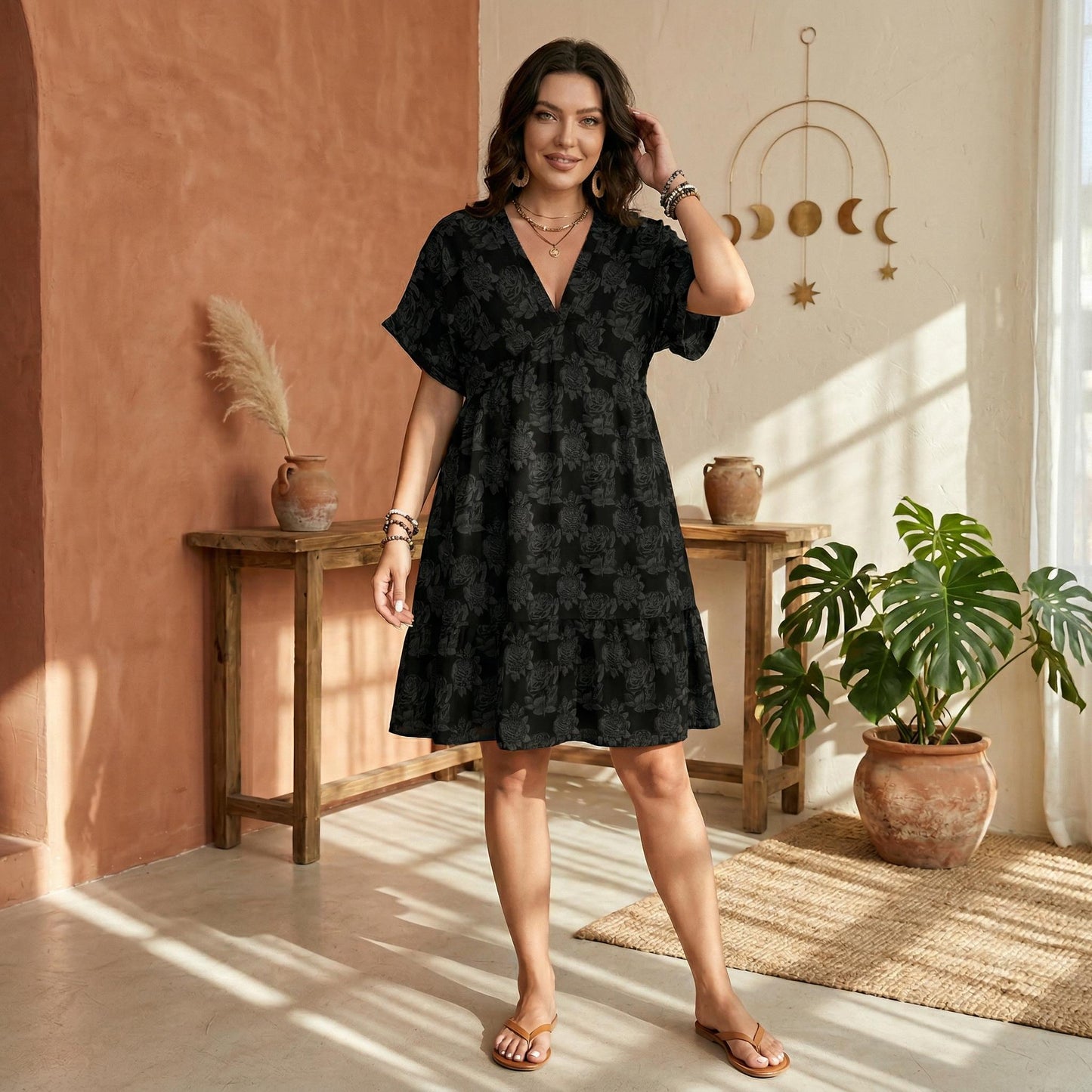 Black Rose Babydoll Dress, Dark Floral V Neck Mini Dress for Romantic Goth Style, Moody Weekend Outfit and Gift for Her