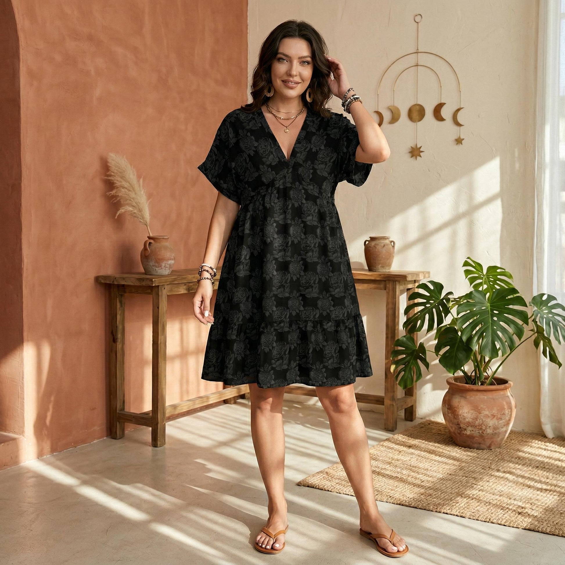 Black Rose Babydoll Dress, Dark Floral V Neck Mini Dress for Romantic Goth Style, Moody Weekend Outfit and Gift for Her