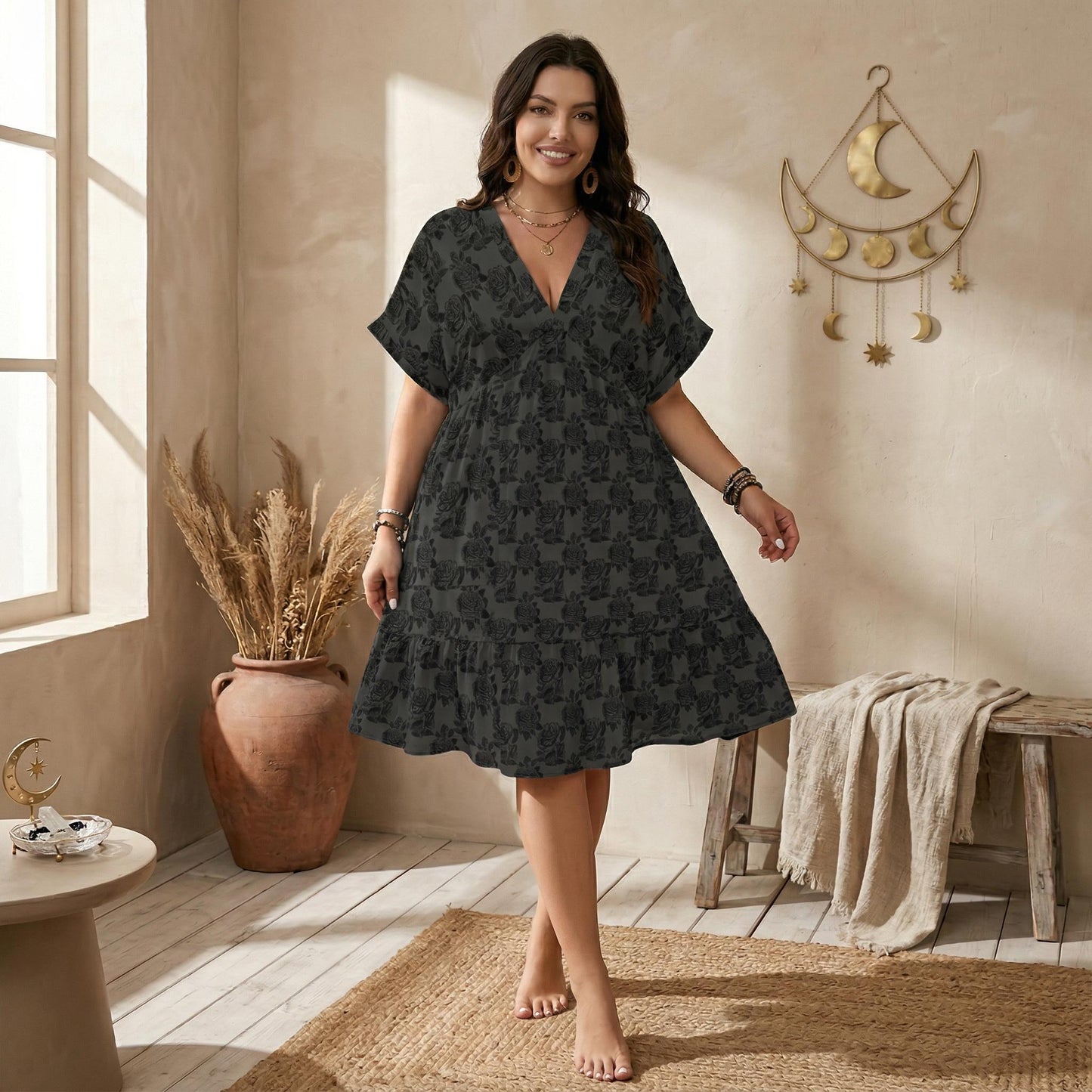 Black Rose Babydoll Dress, Gothic Floral V-Neck Mini, Charcoal Romantic Sundress
