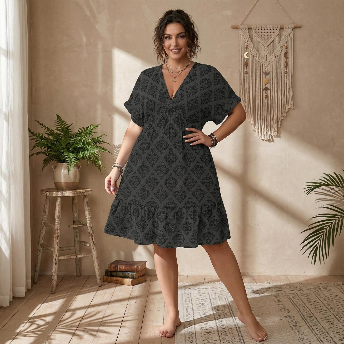 Grey Damask Mini Dress, Charcoal Baroque V-Neck Gothic Boutique Outfit