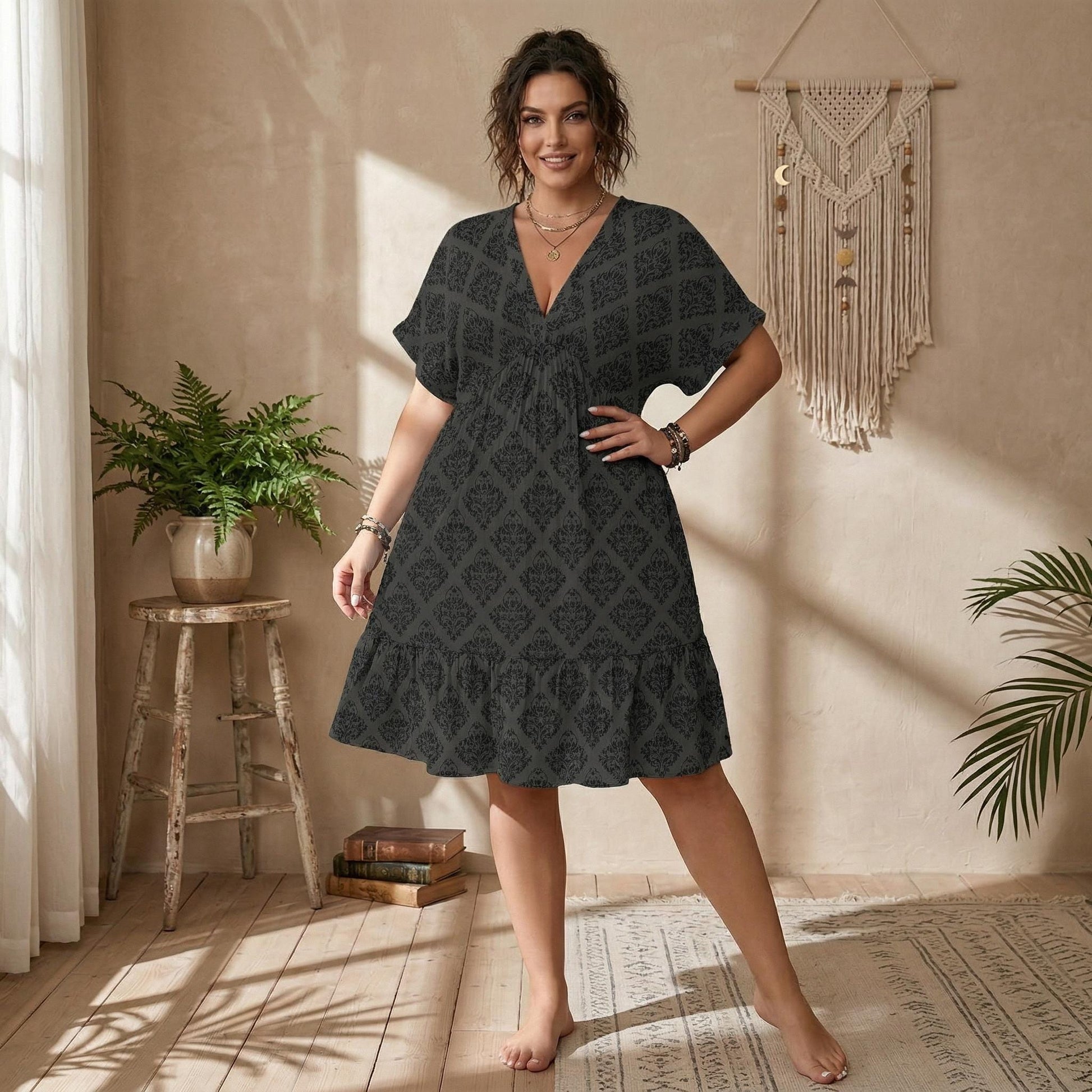 Grey Damask Mini Dress, Charcoal Baroque V-Neck Gothic Boutique Outfit
