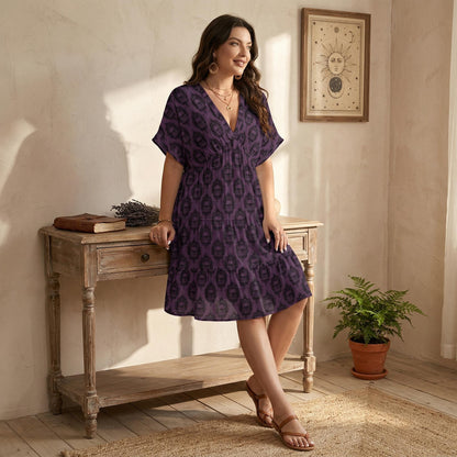 Purple Skull Print Mini Dress, Gothic Boho V-Neck Swing Outfit