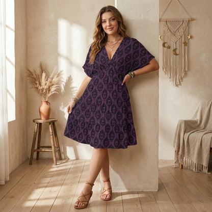 Purple Skull Print Mini Dress, Gothic Boho V-Neck Swing Outfit