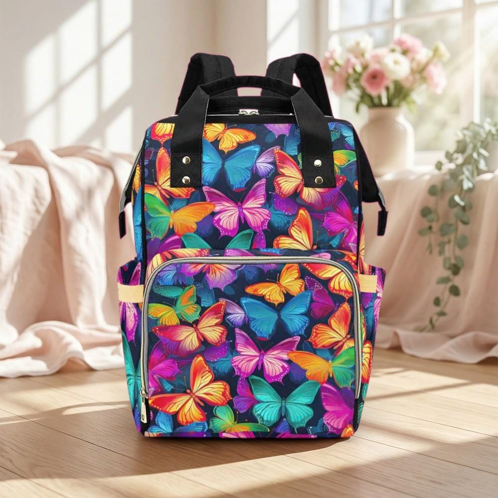 Baby Travel Backpack, Colorful Butterfly Diaper Bag, Nursery Organizer, Stroller Ready