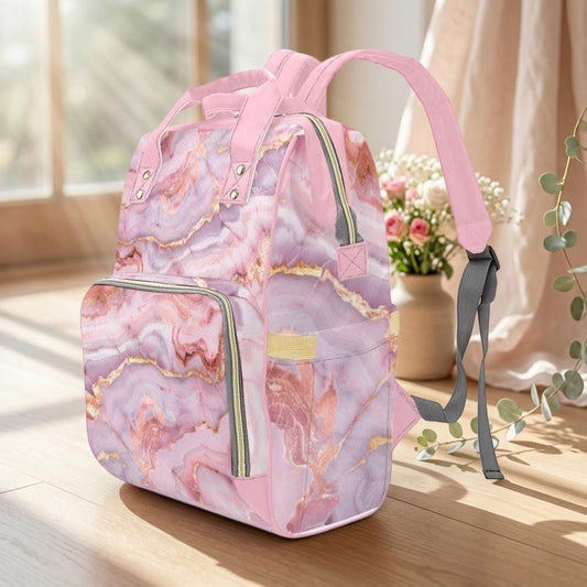 Pink Marble Diaper Bag Backpack, Baby Travel Bag, Stylish Mom Bag