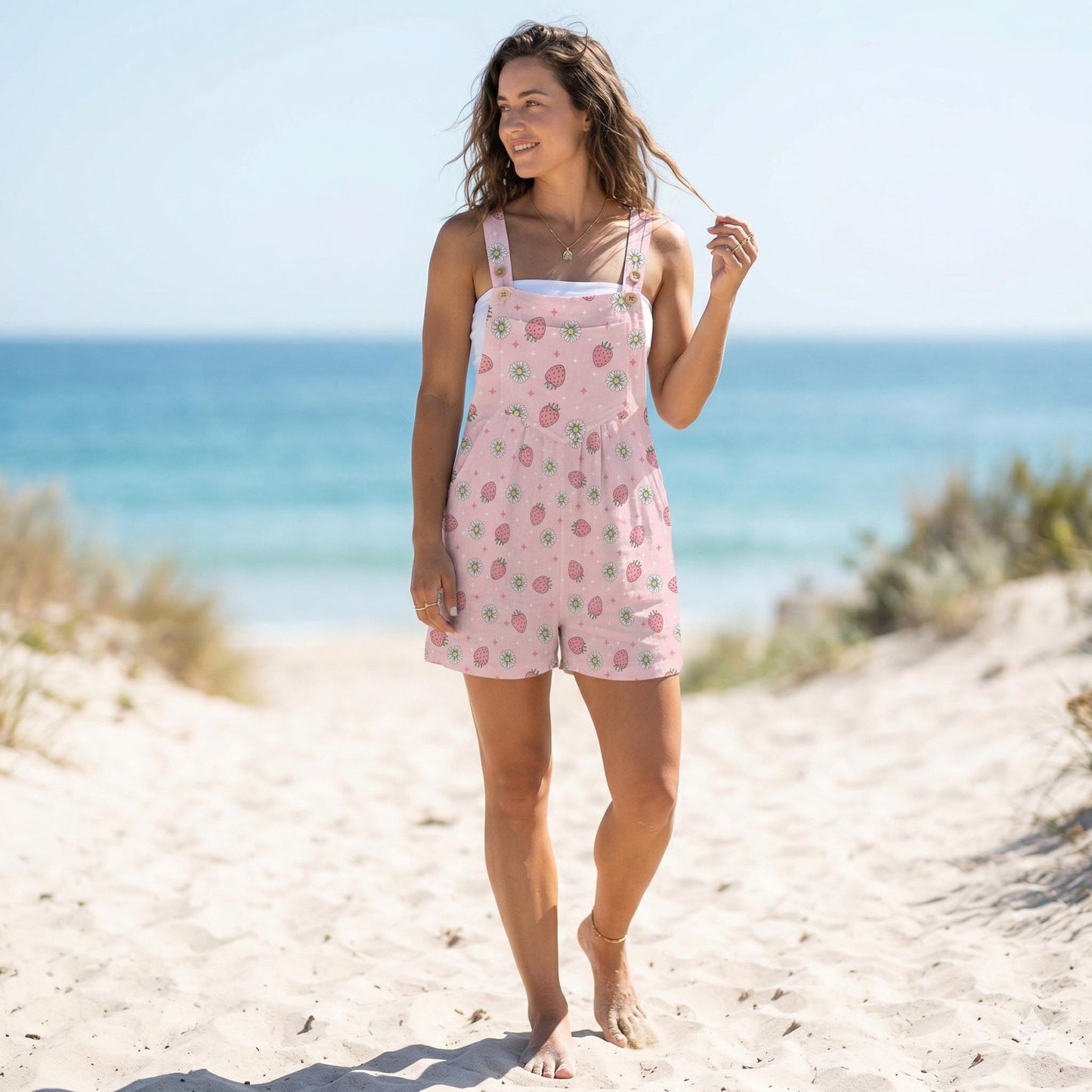 Pink Strawberry Daisy Print Shortalls Romper, Summer Fruit Bib Outfit