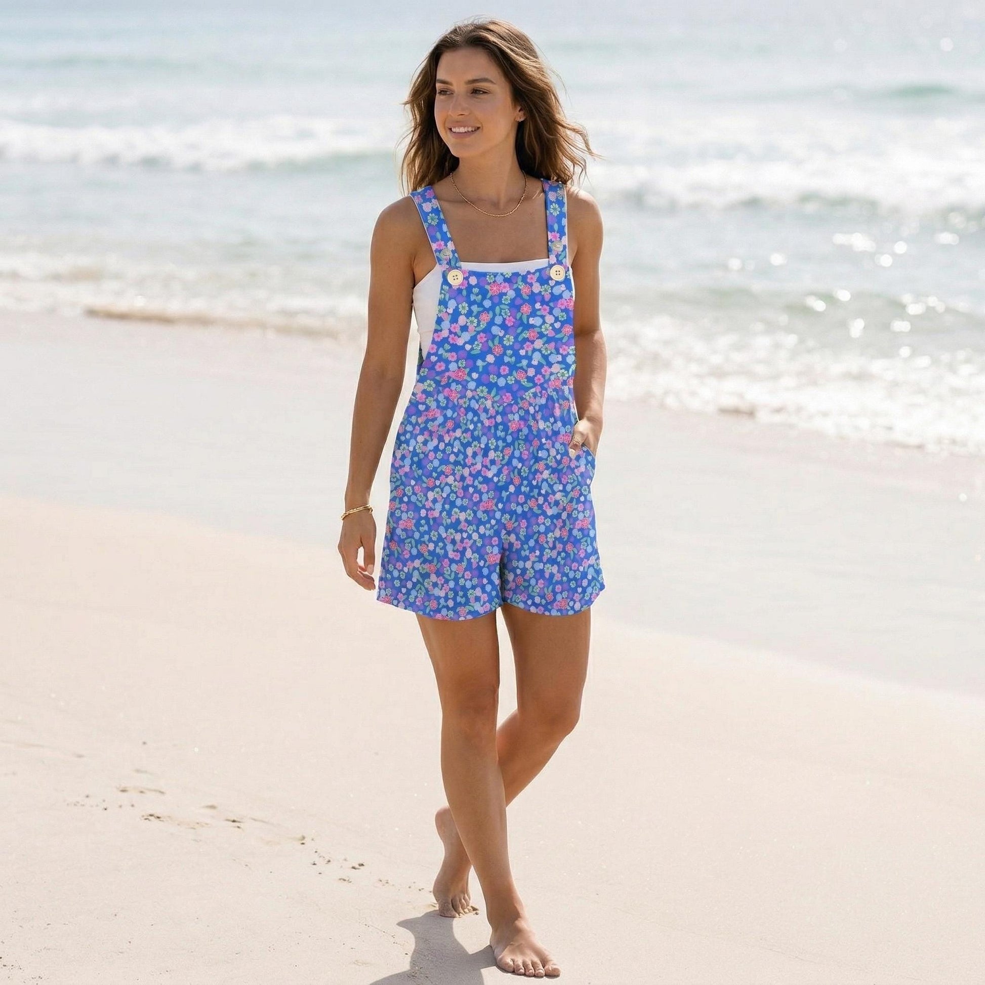 Blue Ditsy Floral Romper, Women's Shortalls with Pockets, Spring Garden Playsuit