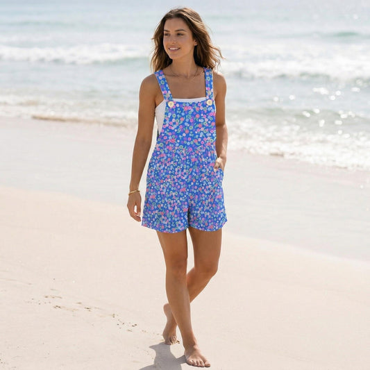 Blue Ditsy Floral Romper, Women's Shortalls with Pockets, Spring Garden Playsuit