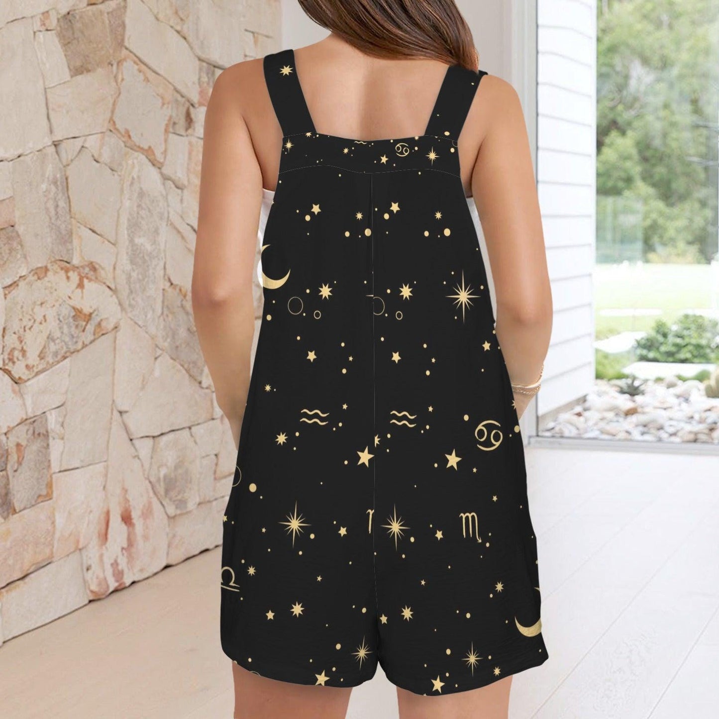 Zodiac Shortalls Romper, Moon Star Overall Shorts, Astrology Loungewear Outfit