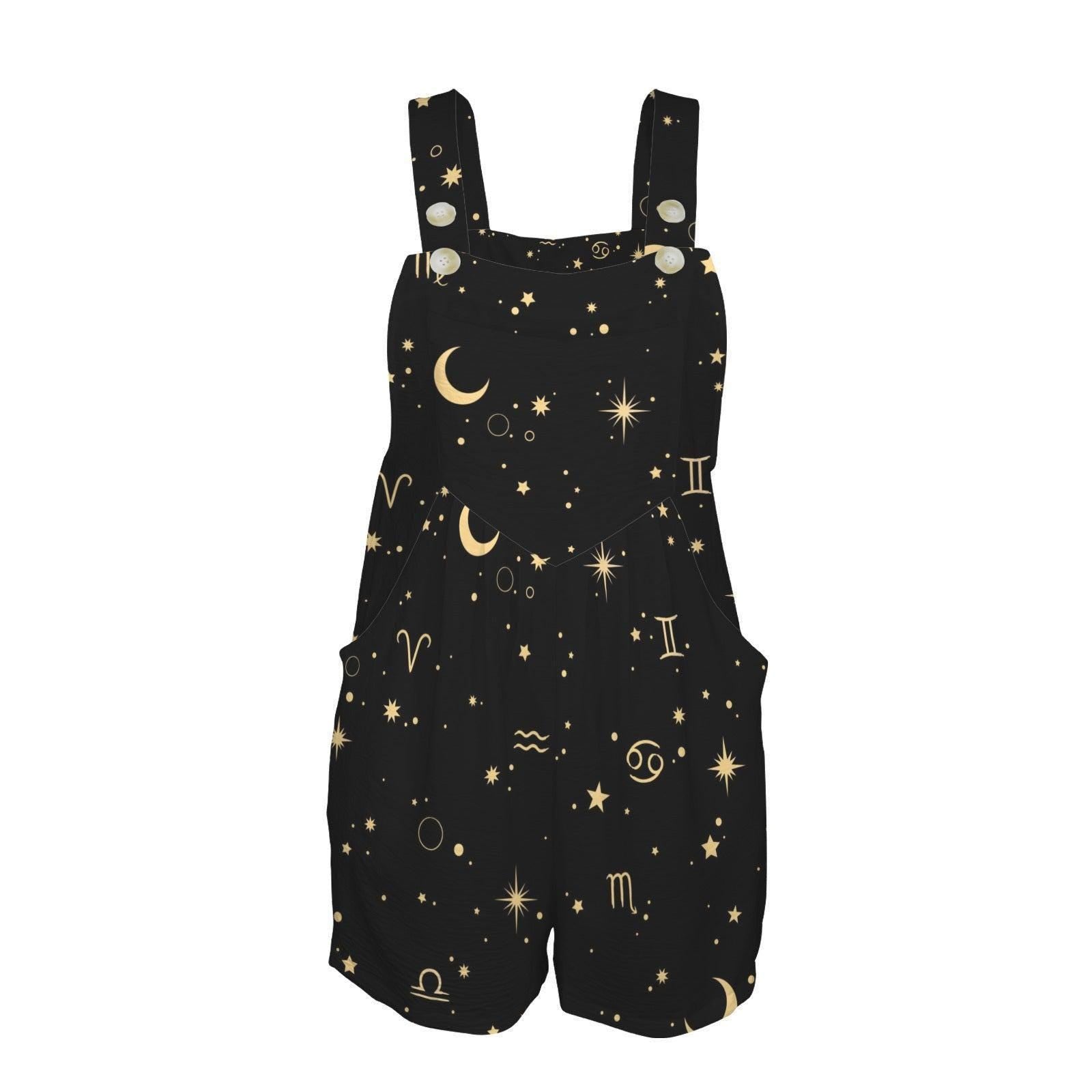 Zodiac Shortalls Romper, Moon Star Overall Shorts, Astrology Loungewear Outfit