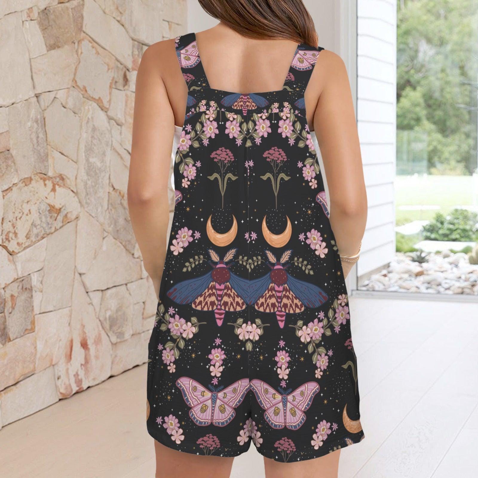 Celestial Moth Romper for Women, Floral Overall Shorts, Cottagecore Summer Playsuit