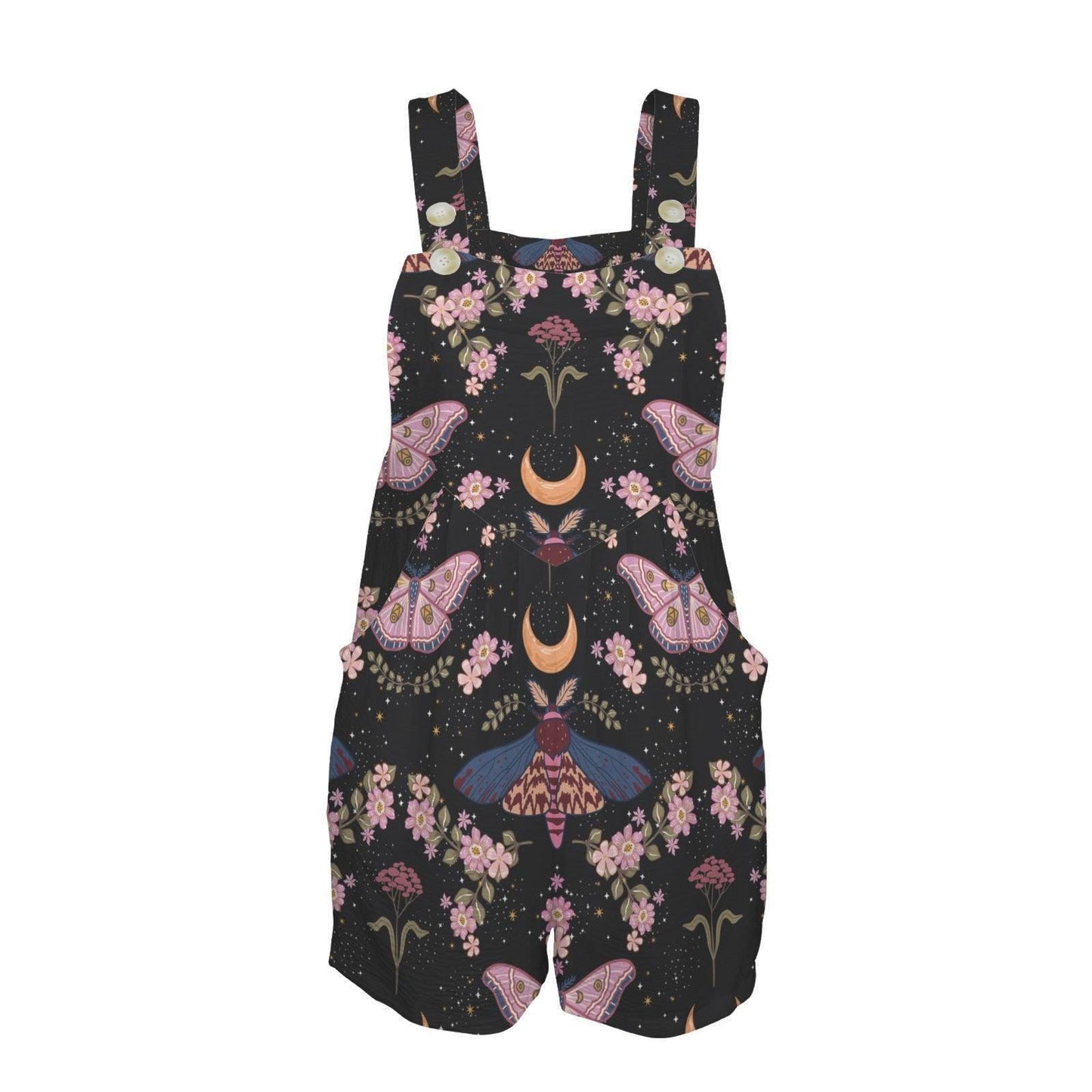 Celestial Moth Romper for Women, Floral Overall Shorts, Cottagecore Summer Playsuit