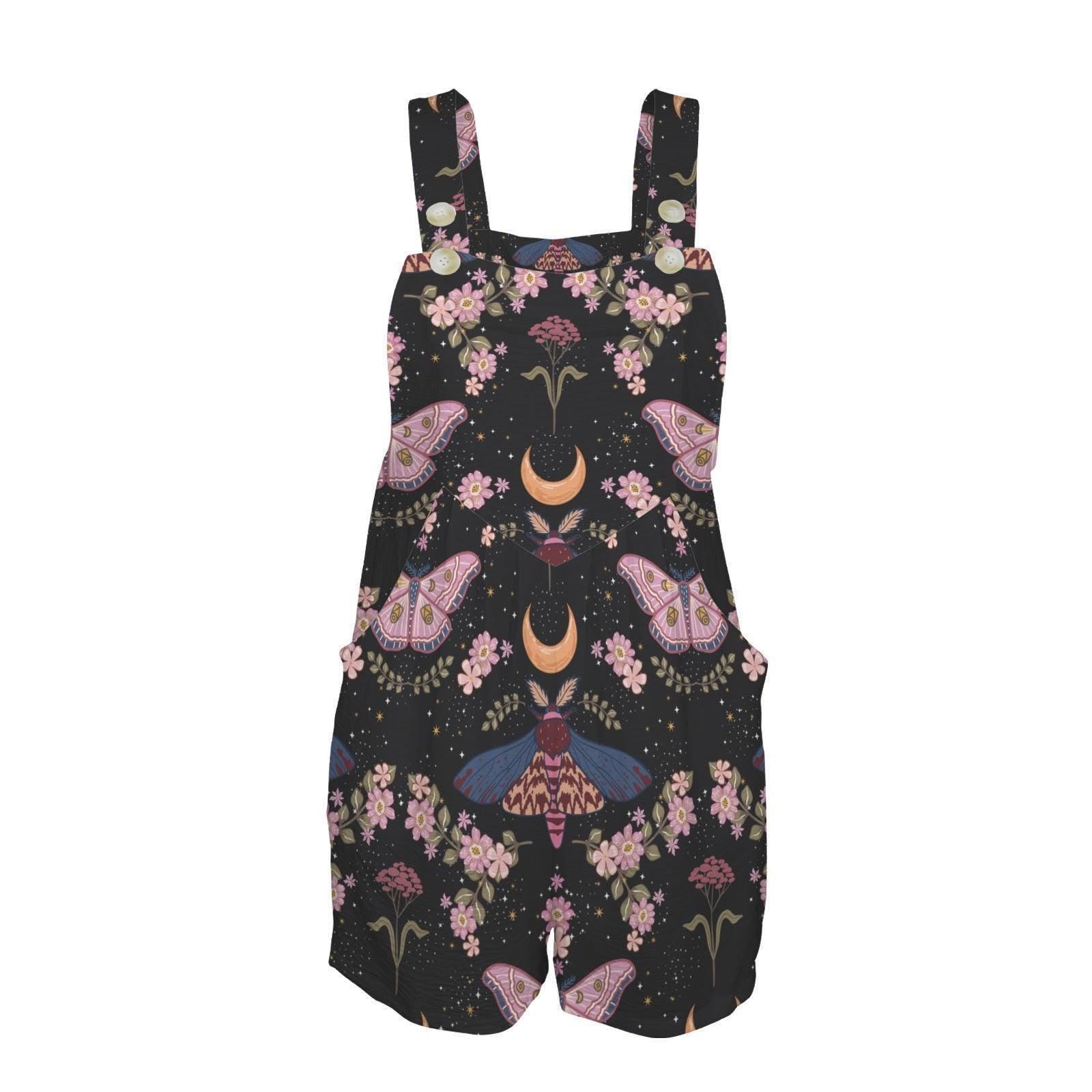 Celestial Moth Romper for Women, Floral Overall Shorts, Cottagecore Summer Playsuit
