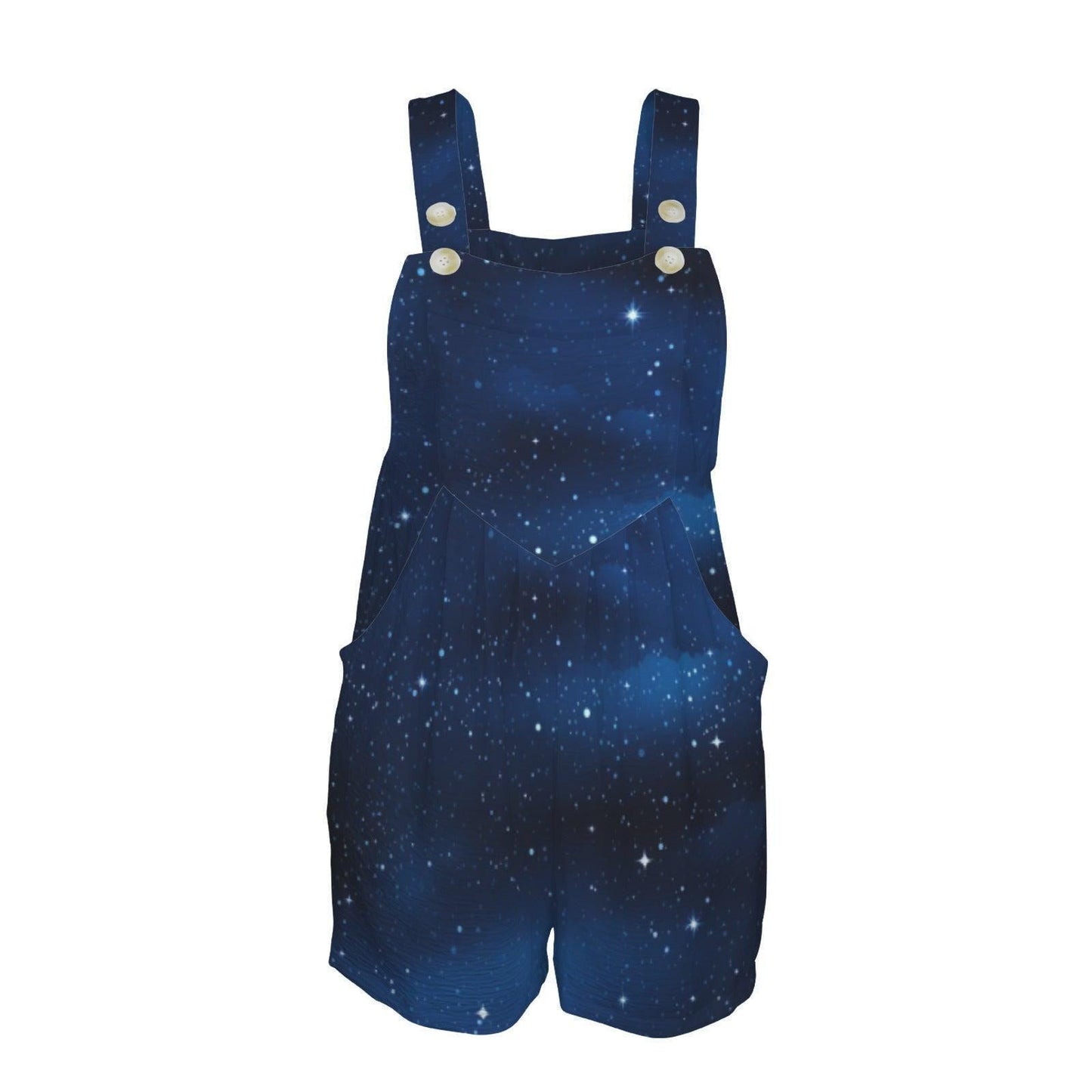 Galaxy Overall Romper for Women, Celestial Shortalls with Pockets, Night Sky Bib Shorts Outfit
