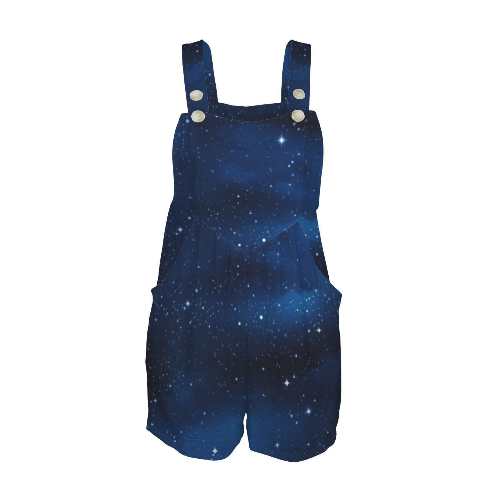 Galaxy Overall Romper for Women, Celestial Shortalls with Pockets, Night Sky Bib Shorts Outfit