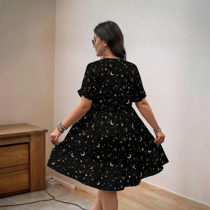Celestial Dress, Black Zodiac Star Moon Babydoll Mini Dress, Boho Astrology Sundress