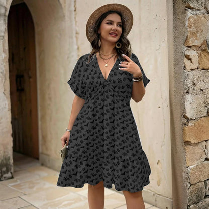 Bat Print Babydoll Dress, Halloween Mini Dress, Gothic V Neck Smock Dress for Women
