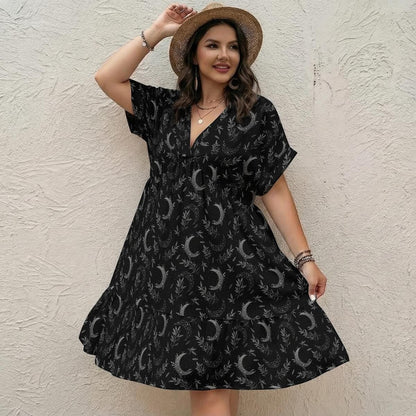Black Moon Phase Midi Dress, Celestial Botanical Tiered Boho Outfit