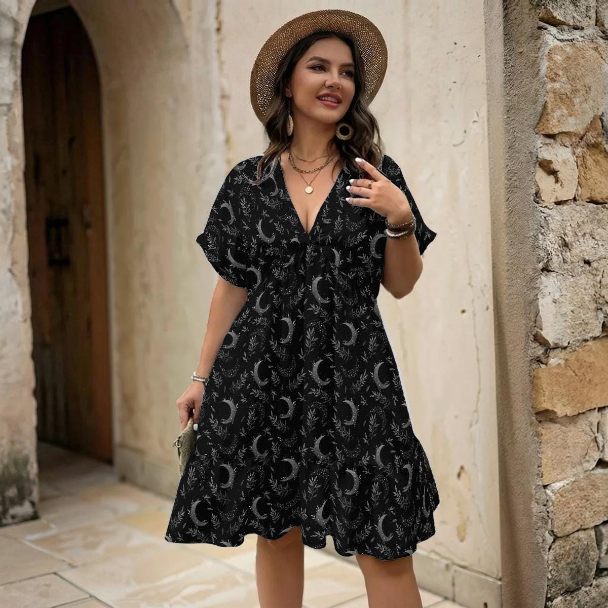 Black Moon Phase Midi Dress, Celestial Botanical Tiered Boho Outfit