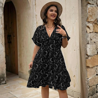 Black Moon Phase Midi Dress, Celestial Botanical Tiered Boho Outfit