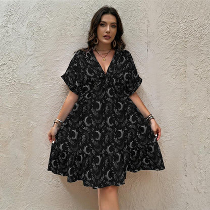 Black Moon Phase Midi Dress, Celestial Botanical Tiered Boho Outfit
