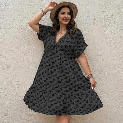 Bat Print Babydoll Dress, Halloween Mini Dress, Gothic V Neck Smock Dress for Women