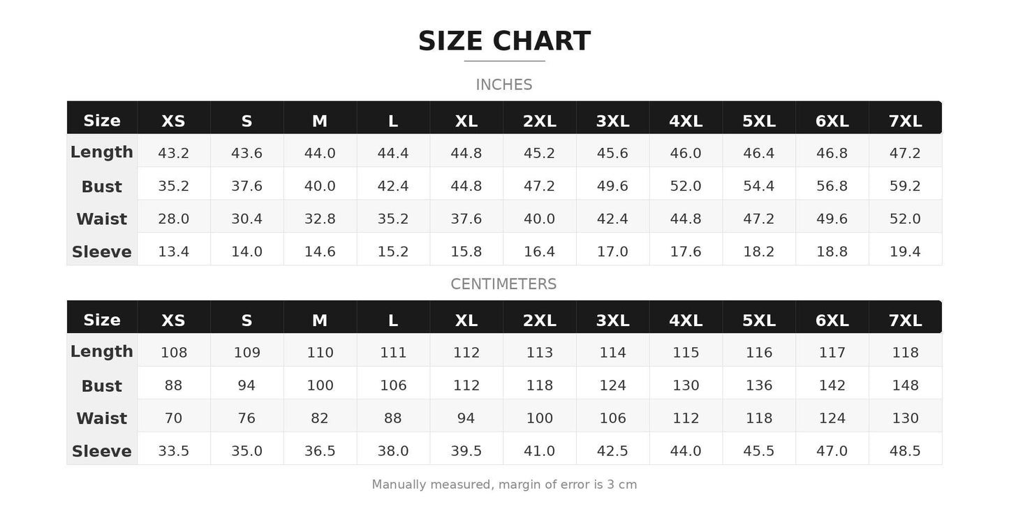 a size chart with measurements for various clothing items such as bust, waist, waist, sleeve, and length. The chart provides the corresponding measurements in inches for each item, ranging from 5XL to 7XL. The chart also includes a section for centimeters, which are manually measured and margin of error is given as 3 cm.