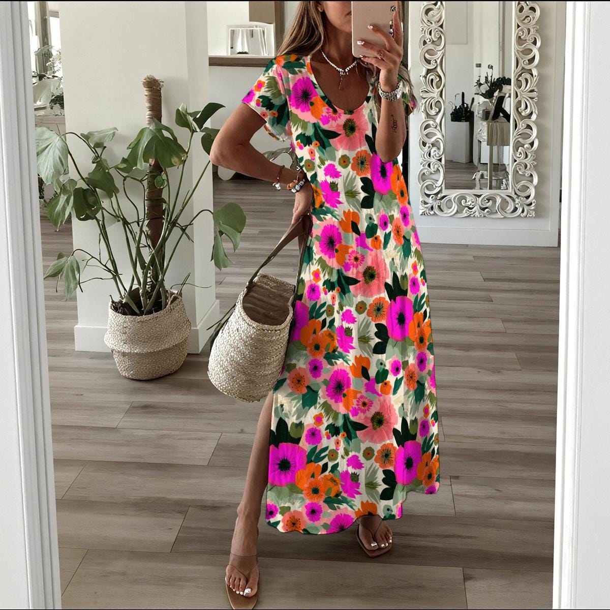Colorful Floral Maxi Dress, Tropical Summer Vacation, Short Sleeve Side Slit