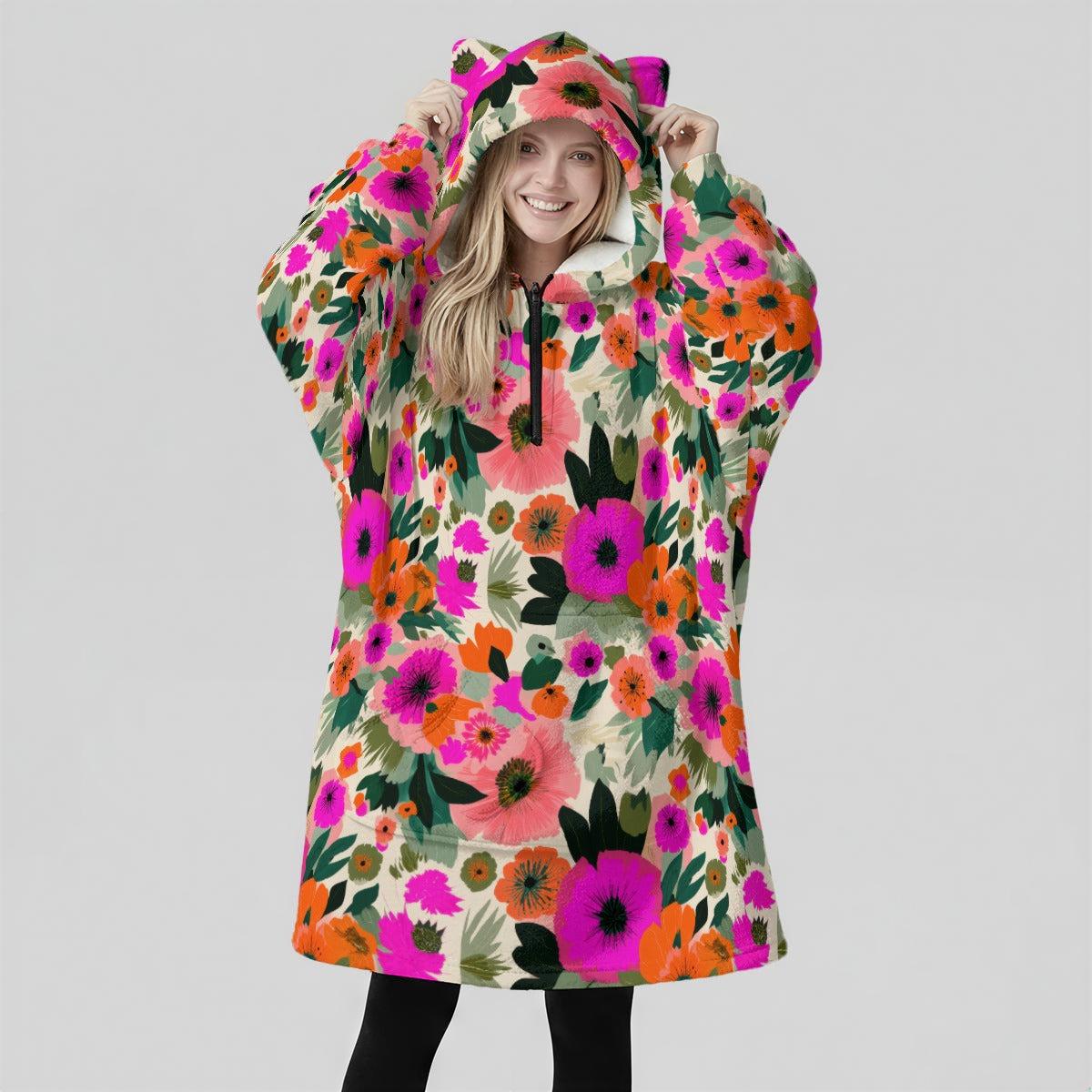 Oversized Floral Blanket Hoodie, Pink Orange Bloom Fleece Lounge Pullover