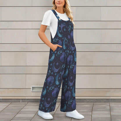 Celestial Moon Wide Leg Jumpsuit, Galaxy Stars Pockets Outfit
