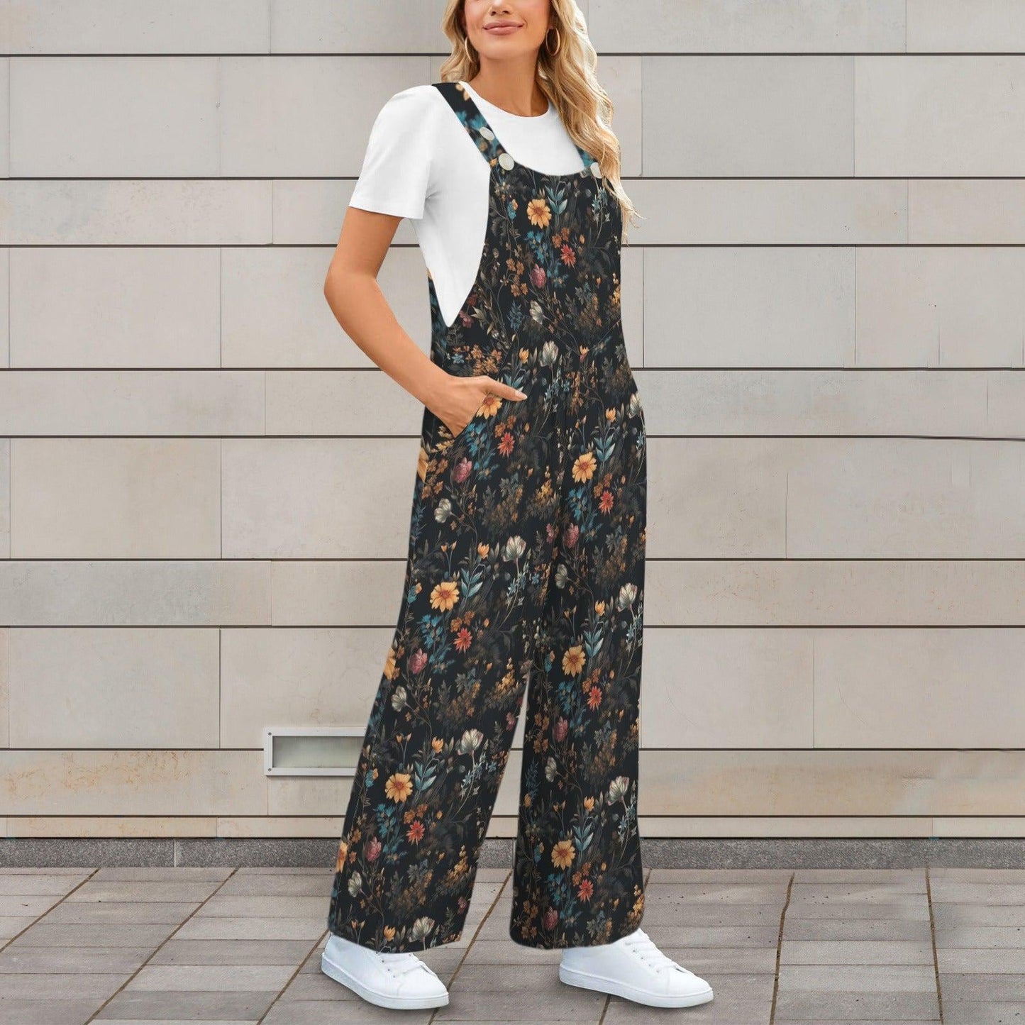 Dark Floral Wide Leg Jumpsuit, Cottagecore Garden Overalls with Pockets