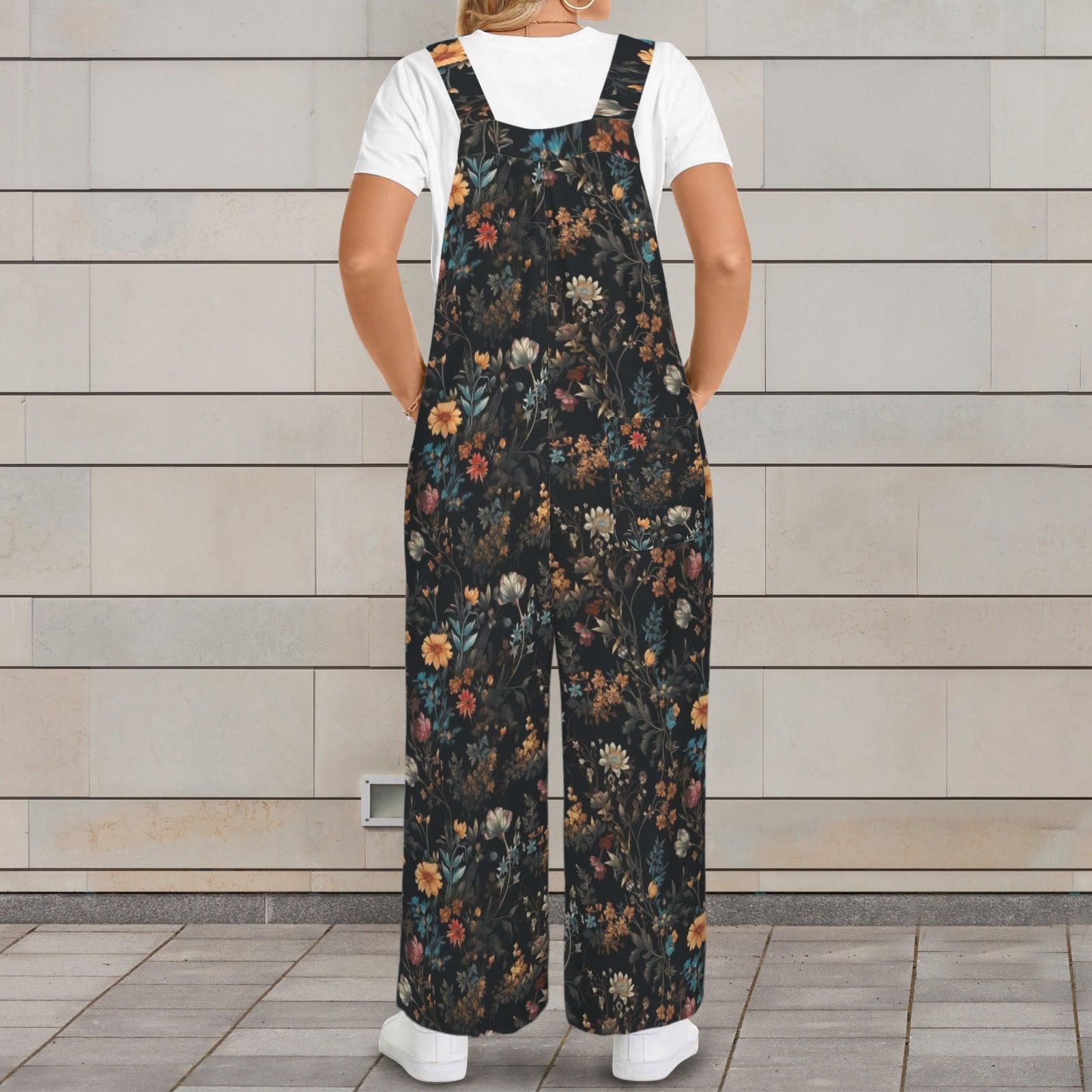 Dark Floral Wide Leg Jumpsuit, Cottagecore Garden Overalls with Pockets