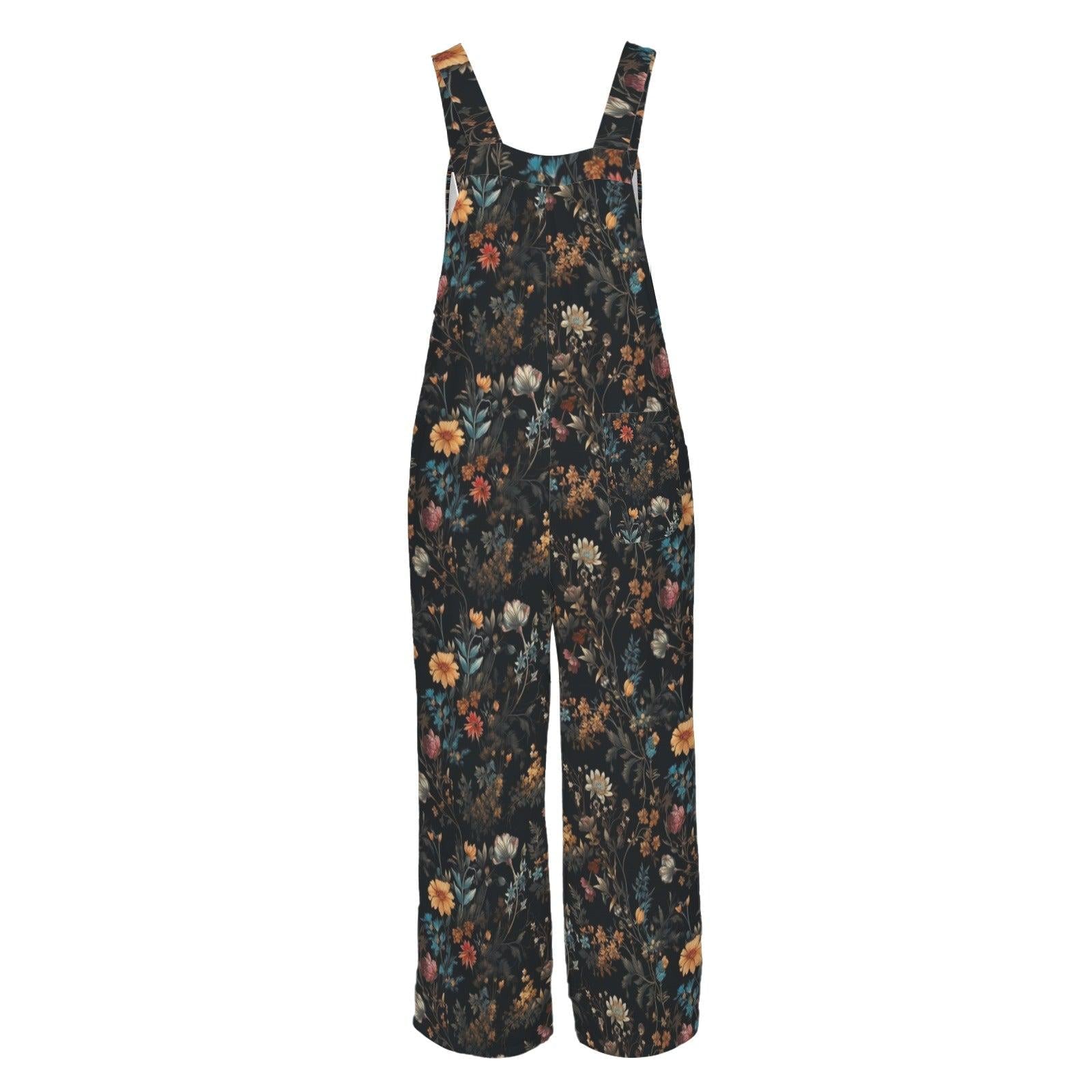 Dark Floral Wide Leg Jumpsuit, Cottagecore Garden Overalls with Pockets
