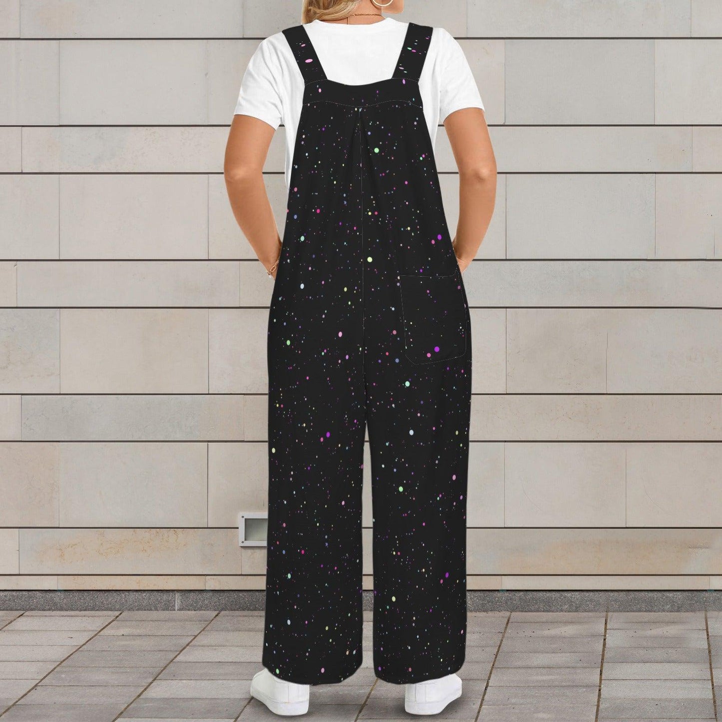 Black Star Print Jumpsuit, Colorful Speckle Wide Leg Overalls, Celestial Outfit with Pockets