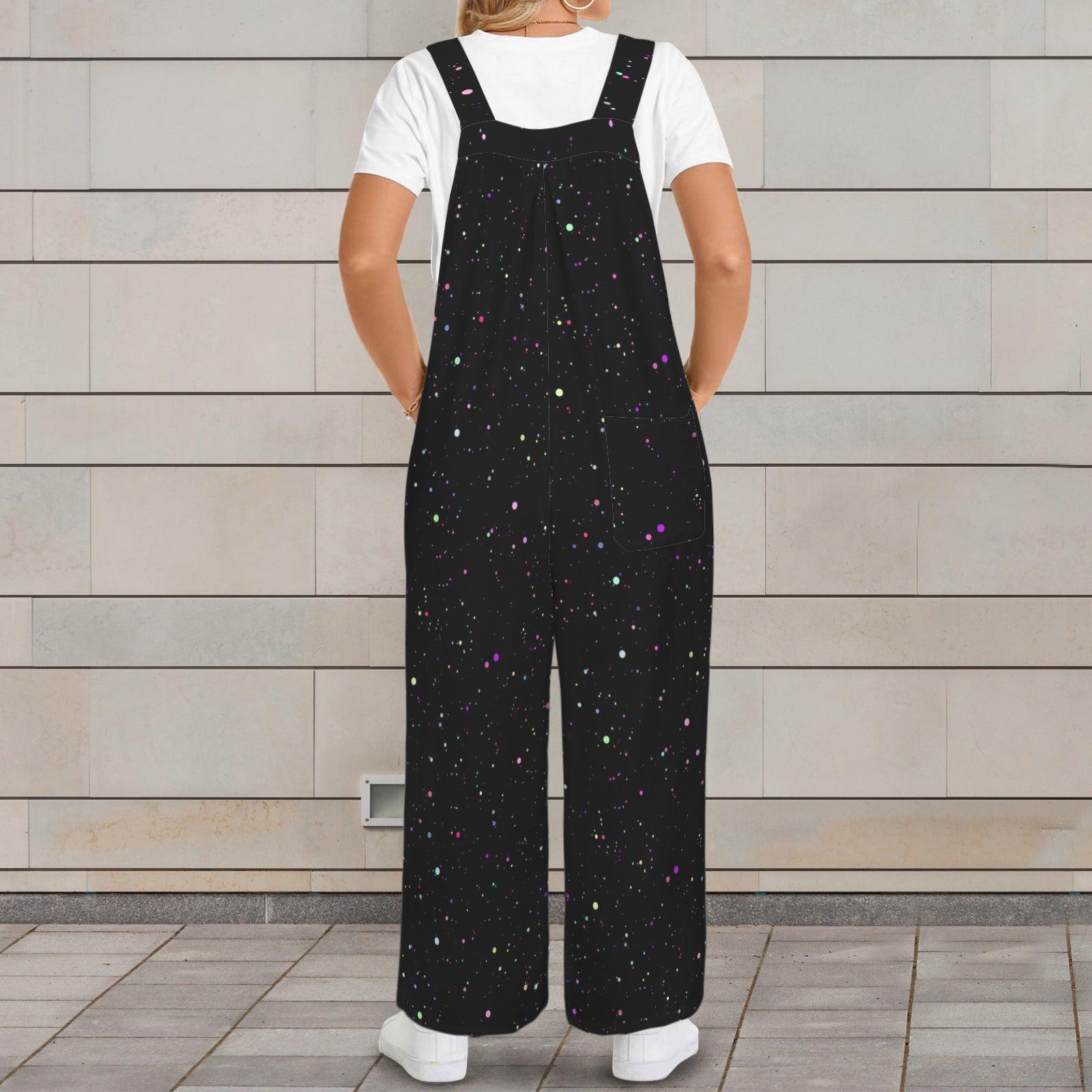 Black Star Print Jumpsuit, Colorful Speckle Wide Leg Overalls, Celestial Outfit with Pockets