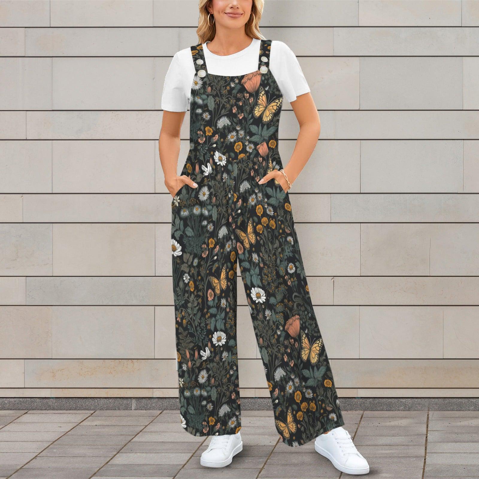 Wildflower Butterfly Jumpsuit, Botanical Wide Leg Cottagecore Overalls
