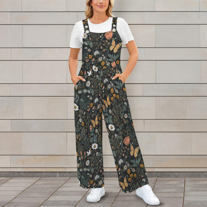 Front view of the wildflower butterfly wide-leg jumpsuit with white sneakers