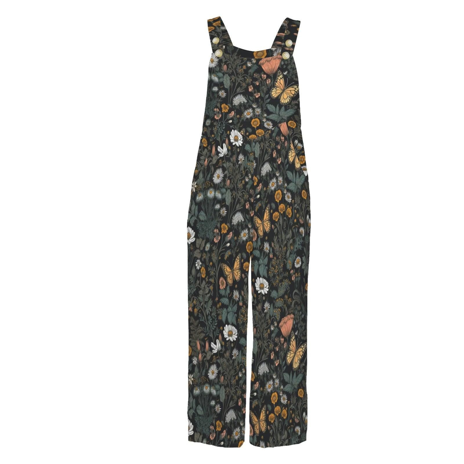 Wildflower Butterfly Jumpsuit, Botanical Wide Leg Cottagecore Overalls