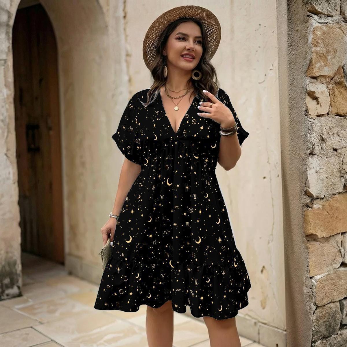 Celestial Dress, Black Zodiac Star Moon Babydoll Mini Dress, Boho Astrology Sundress