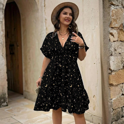 Celestial Dress, Black Zodiac Star Moon Babydoll Mini Dress, Boho Astrology Sundress
