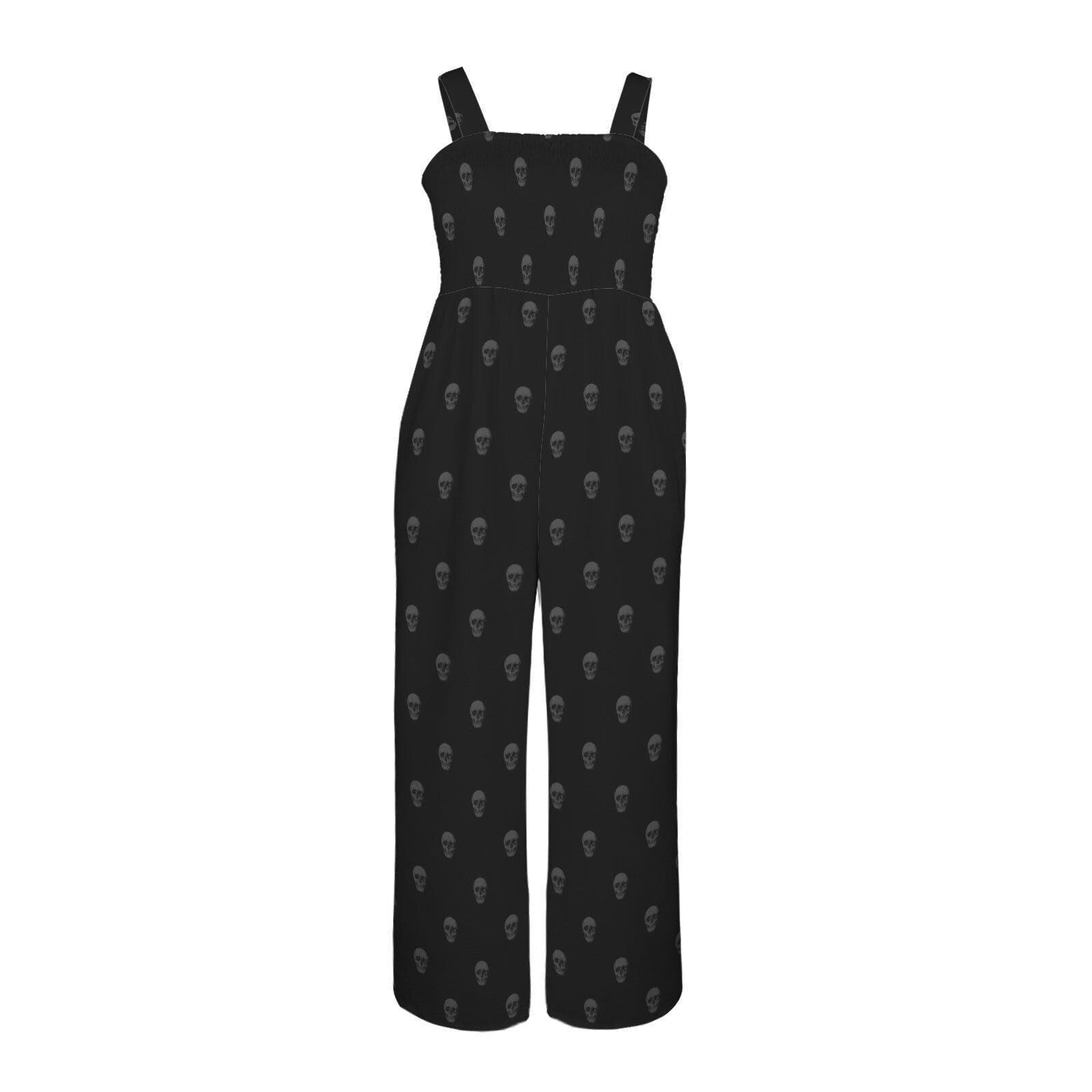 Black Skull Wide Leg Jumpsuit, Gothic Sleeveless Romper, Spooky Casual Summer Outfit for Women