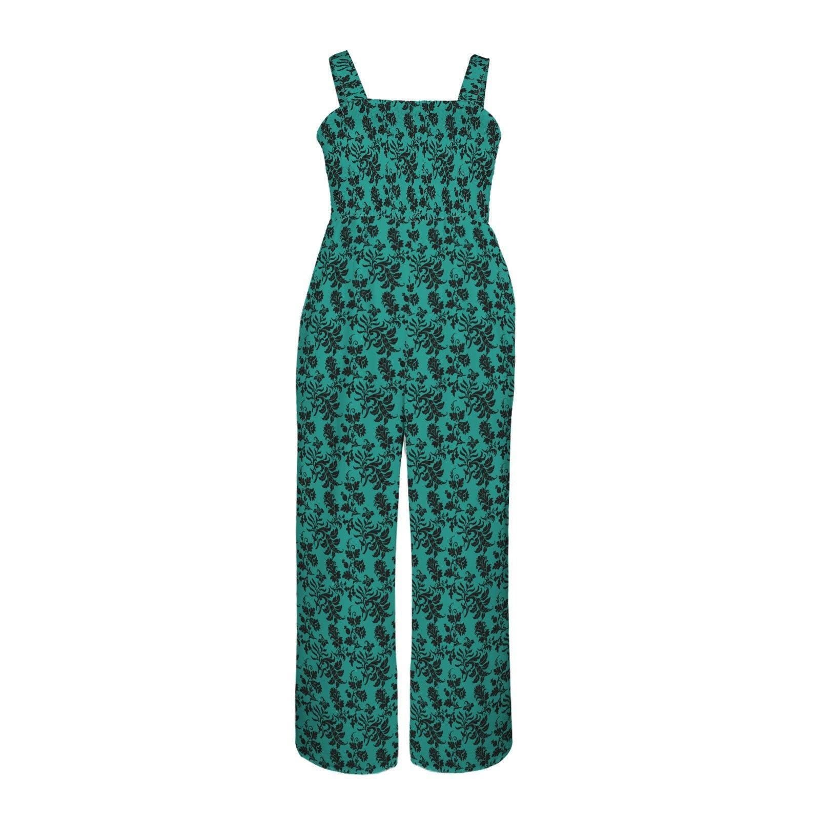 Teal Damask Wide Leg Jumpsuit, Baroque Print Sleeveless Resort One Piece