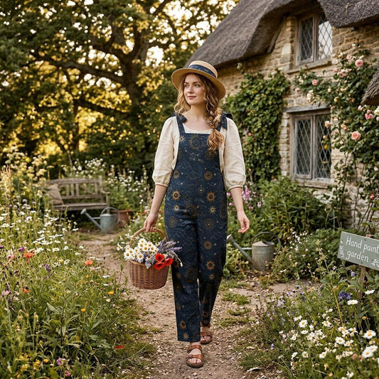 Celestial Sun Moon Dungarees, Cosmic Wide Leg Overalls, Festival Rave Outfit, Gothic Alternative Fashion