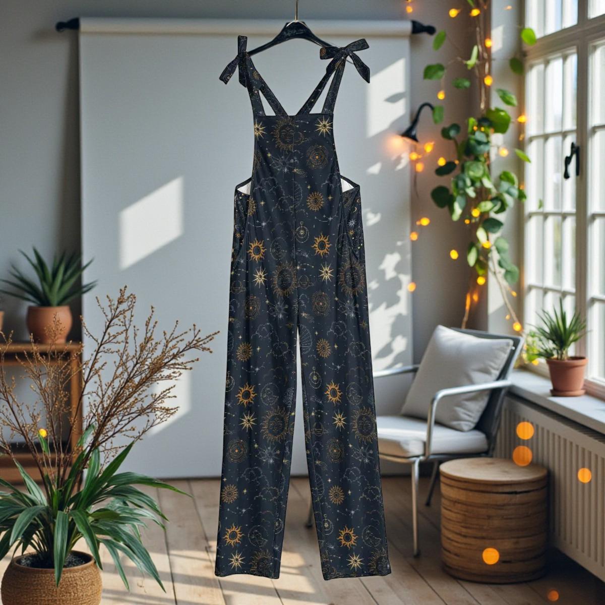 Celestial Sun Moon Dungarees, Cosmic Wide Leg Overalls, Festival Rave Outfit, Gothic Alternative Fashion