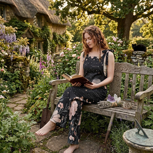 Celestial floral jumpsuit, galaxy print overalls, cosmic boho festival outfit, witchy space clothing for women