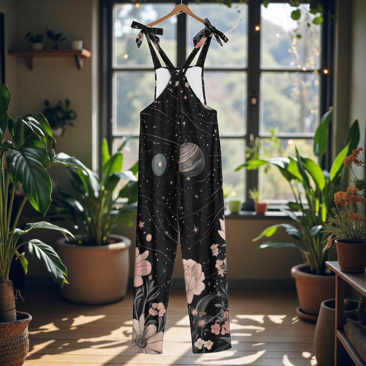 Celestial floral jumpsuit, galaxy print overalls, cosmic boho festival outfit, witchy space clothing for women