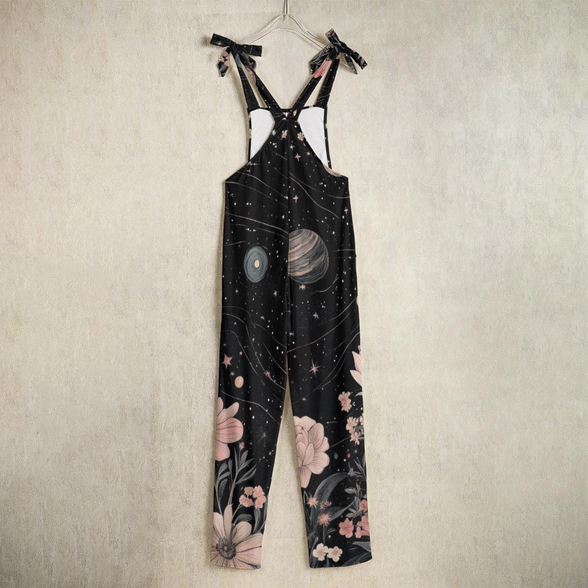 Celestial floral jumpsuit, galaxy print overalls, cosmic boho festival outfit, witchy space clothing for women